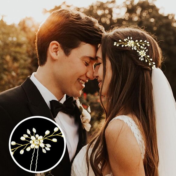 🆕Women Gold Hair Comb and 4 Pins Bridal Pearl Crystal Wedding Hair Comb - Picture 4 of 6